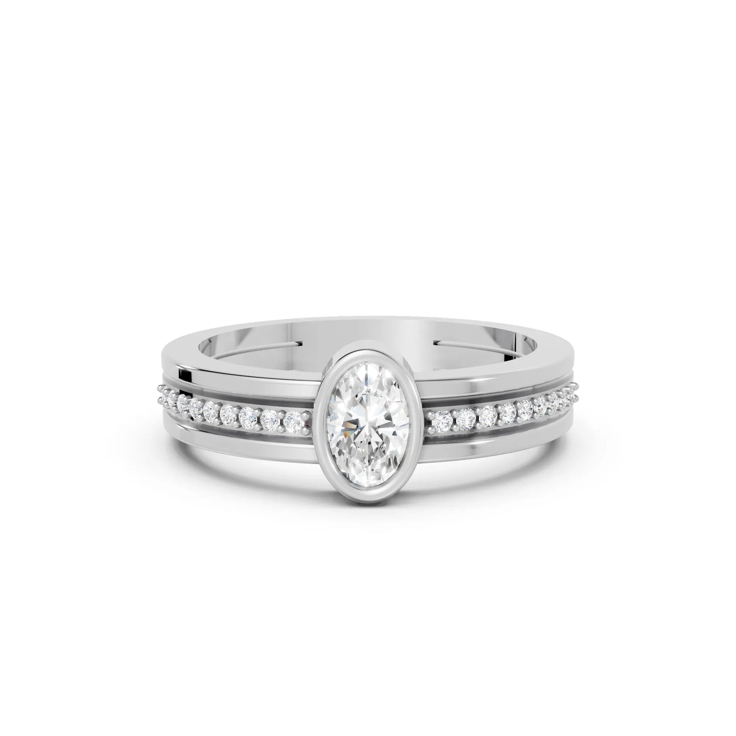 14K Gold Oval Cut Diamond Double Band Bezel Engagement Ring with Accents