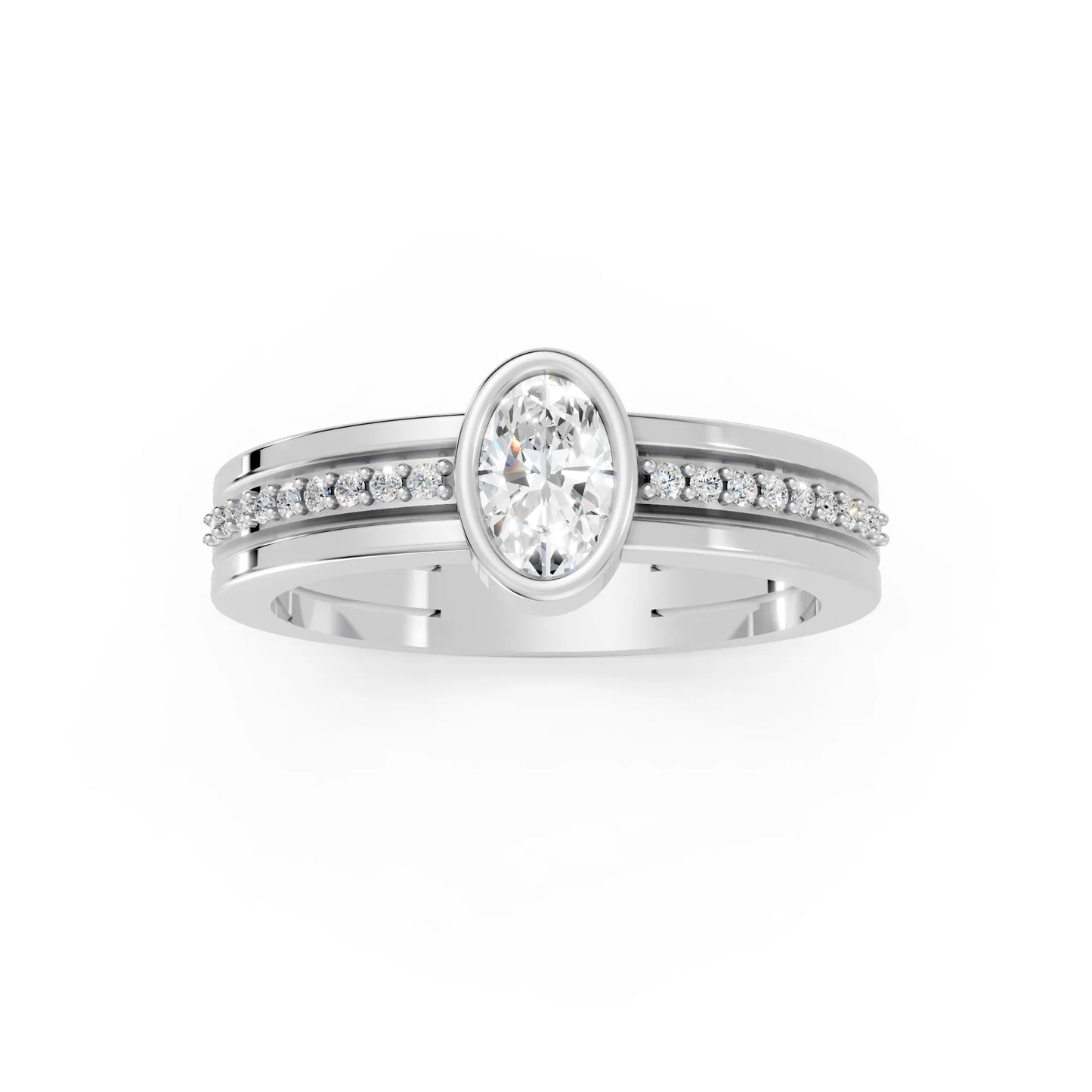 14K Gold Oval Cut Diamond Double Band Bezel Engagement Ring with Accents
