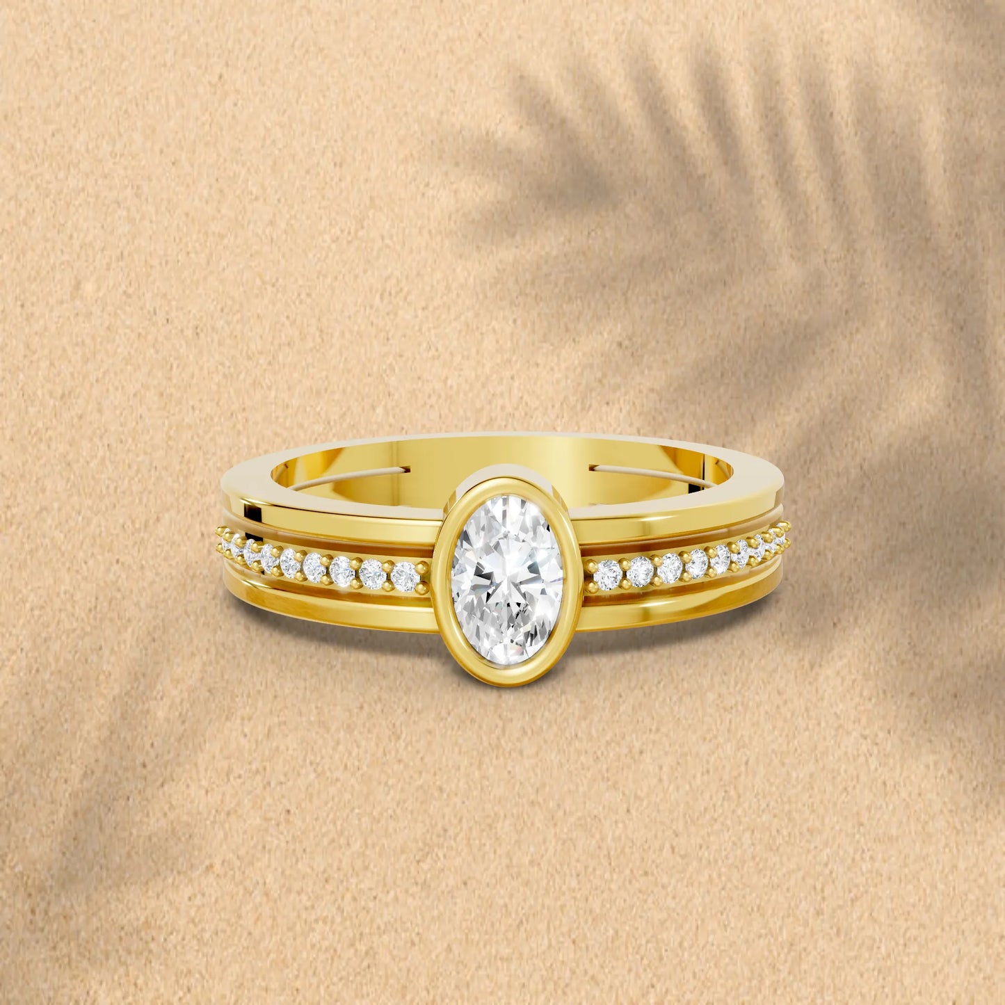 14K Gold Oval Cut Diamond Double Band Bezel Engagement Ring with Accents