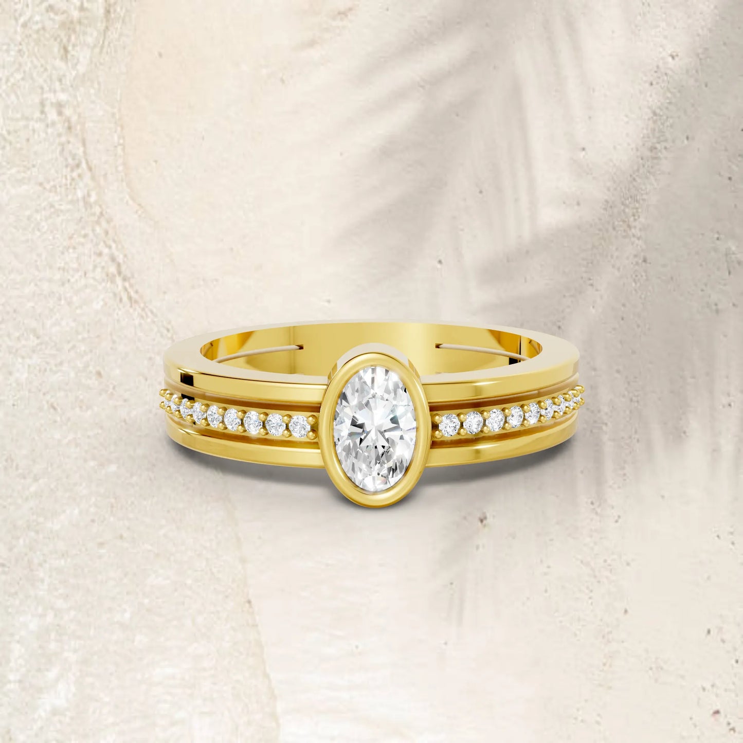 14K Gold Oval Cut Diamond Double Band Bezel Engagement Ring with Accents