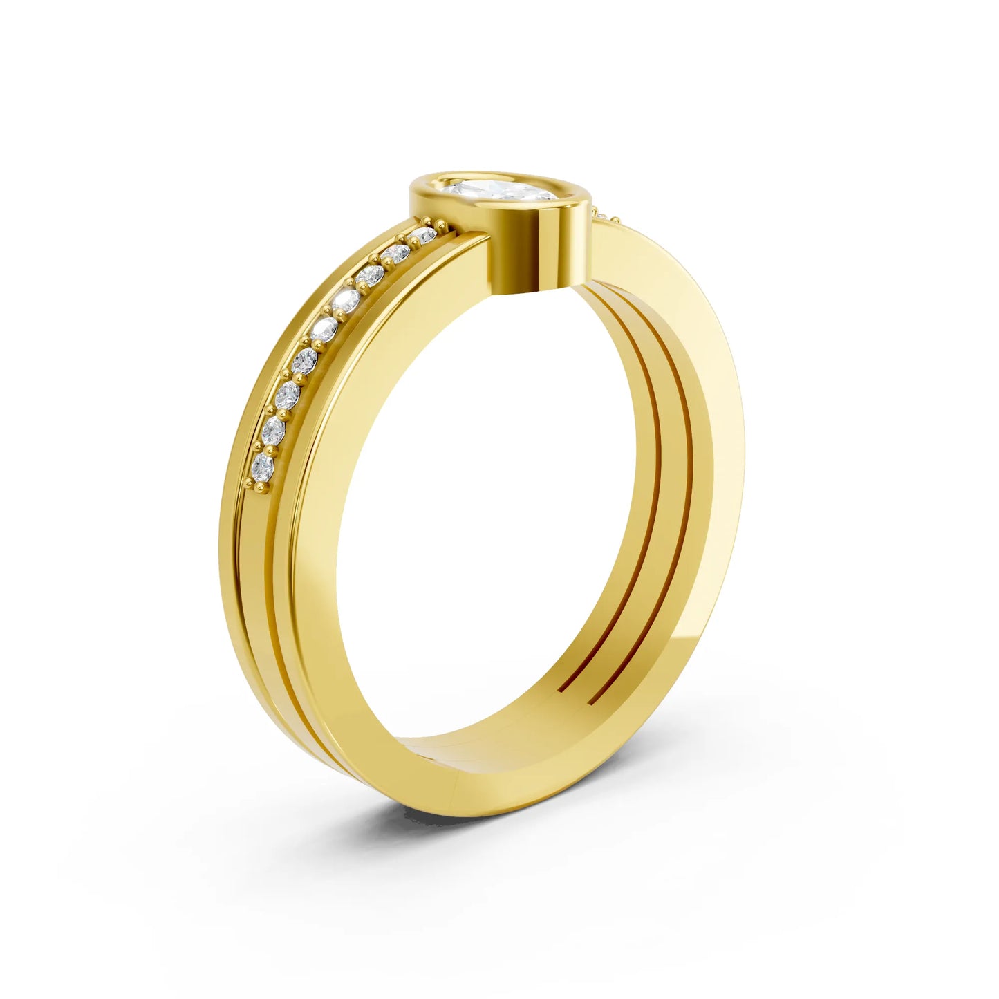 14K Gold Oval Cut Diamond Double Band Bezel Engagement Ring with Accents