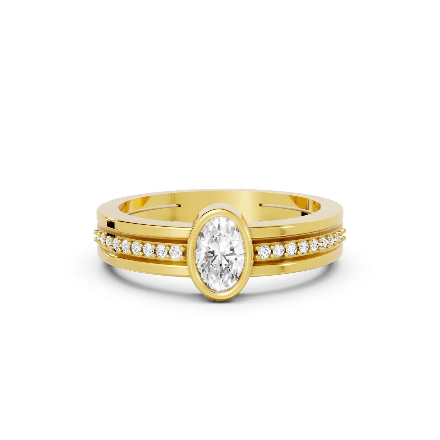14K Gold Oval Cut Diamond Double Band Bezel Engagement Ring with Accents