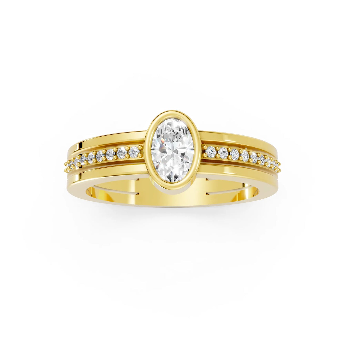 14K Gold Oval Cut Diamond Double Band Bezel Engagement Ring with Accents