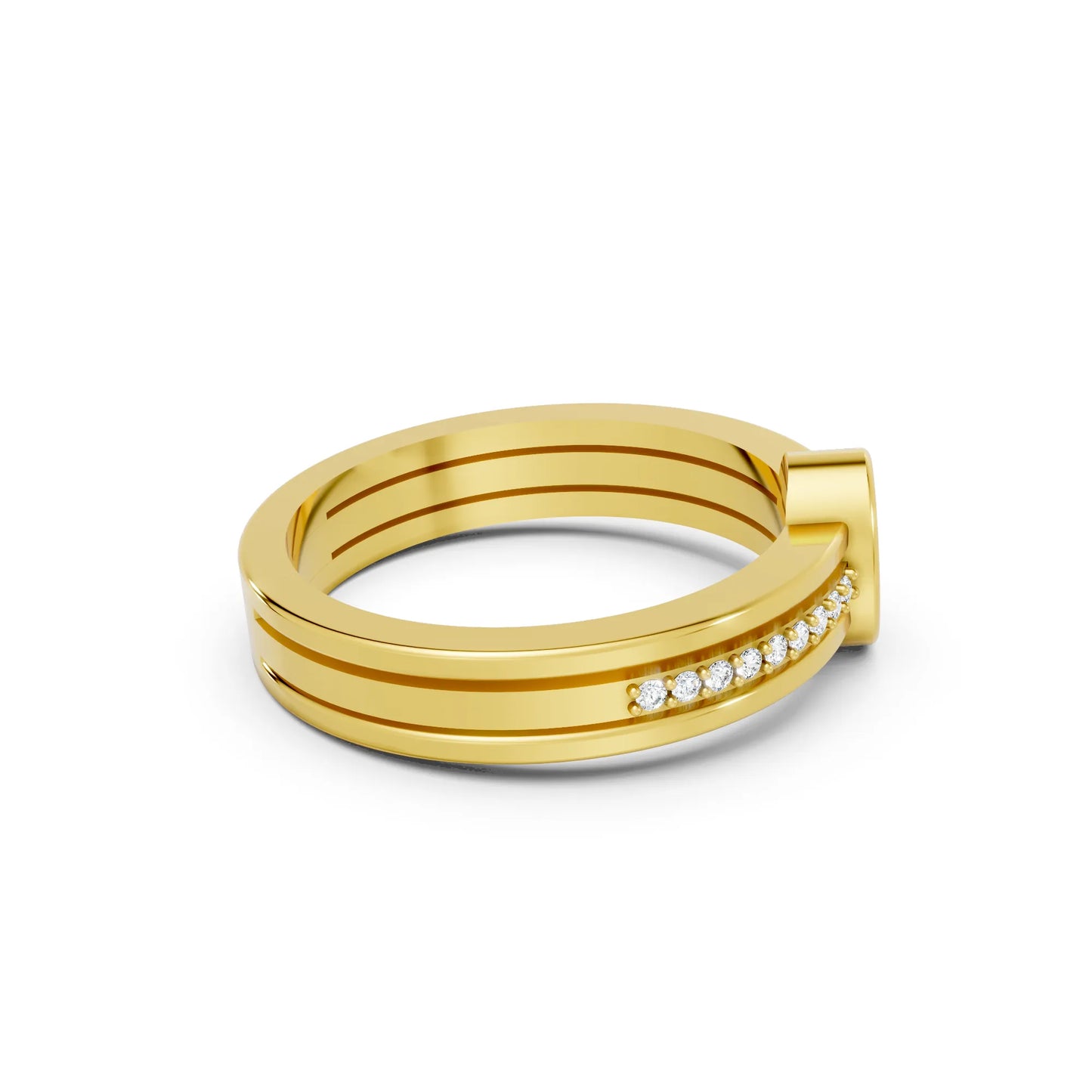 14K Gold Oval Cut Diamond Double Band Bezel Engagement Ring with Accents