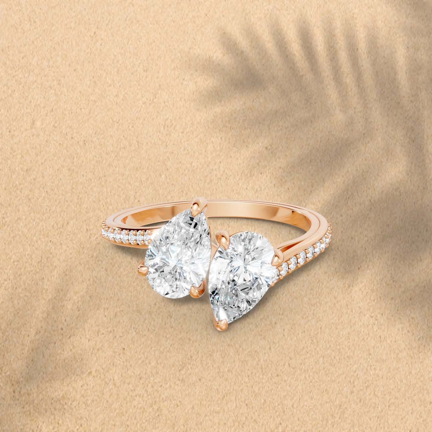 14K Gold Pear Cut Diamond Toi et Moi Kissing Engagement Ring with Side Accents