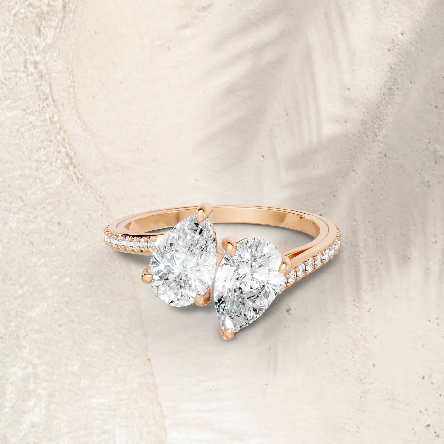 14K Gold Pear Cut Diamond Toi et Moi Kissing Engagement Ring with Side Accents