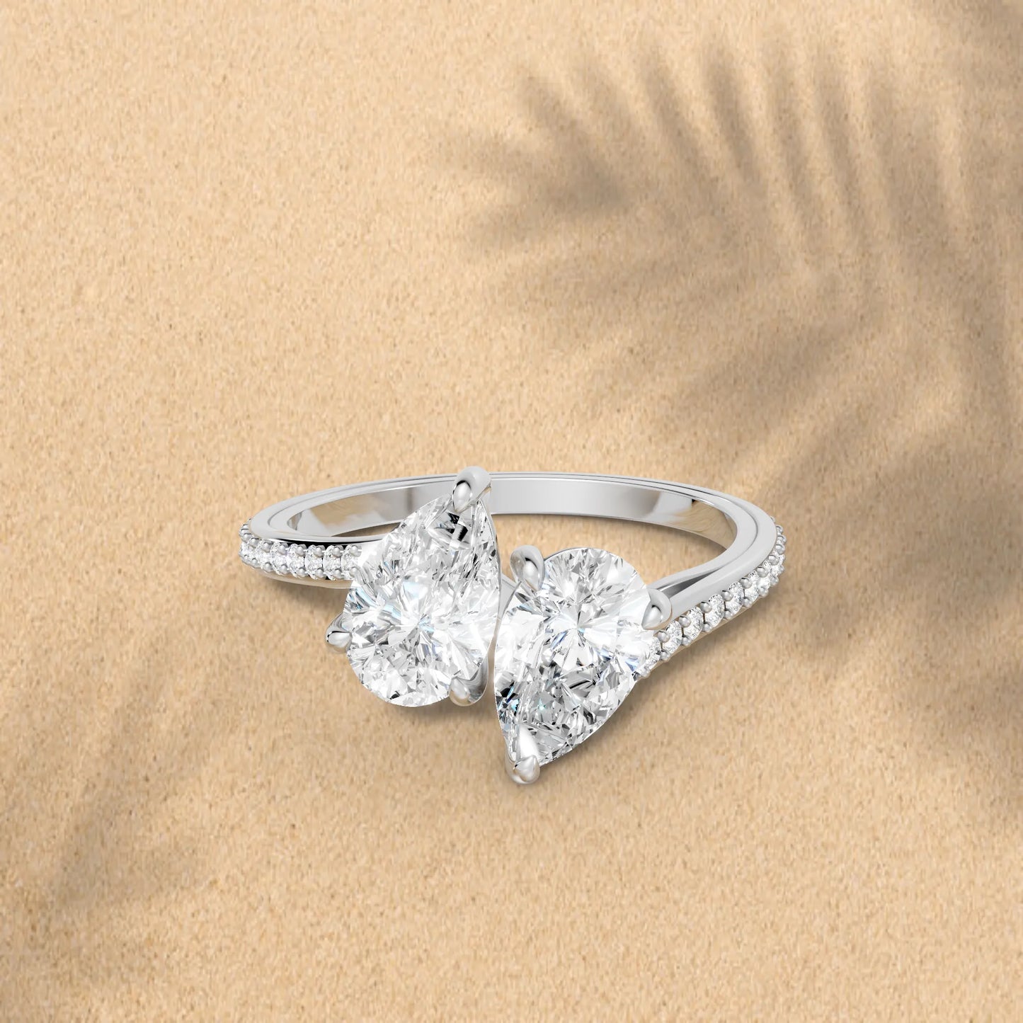14K Gold Pear Cut Diamond Toi et Moi Kissing Engagement Ring with Side Accents