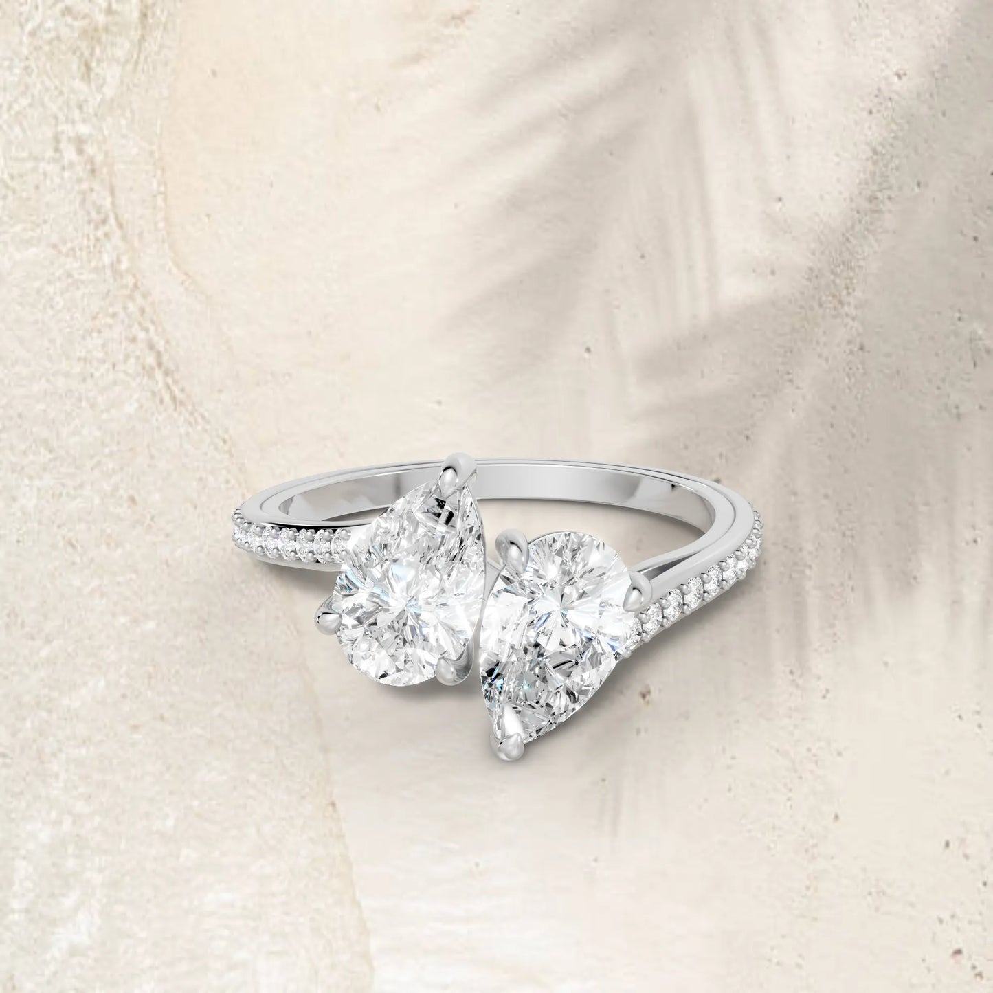 14K Gold Pear Cut Diamond Toi et Moi Kissing Engagement Ring with Side Accents