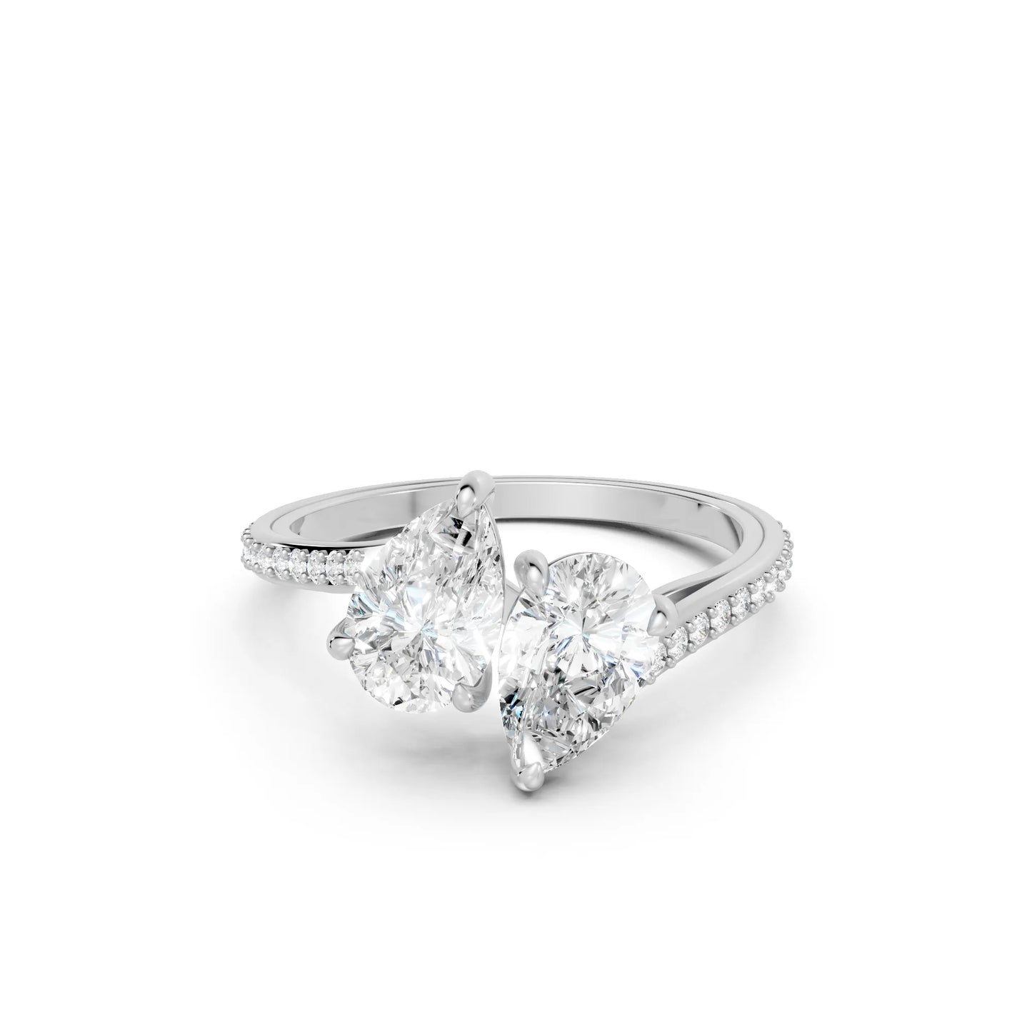 14K Gold Pear Cut Diamond Toi et Moi Kissing Engagement Ring with Side Accents