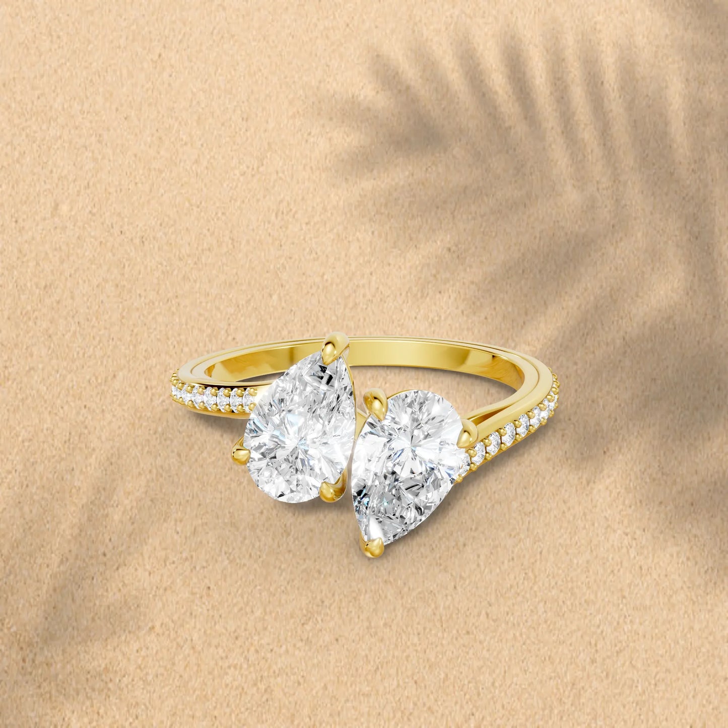 14K Gold Pear Cut Diamond Toi et Moi Kissing Engagement Ring with Side Accents