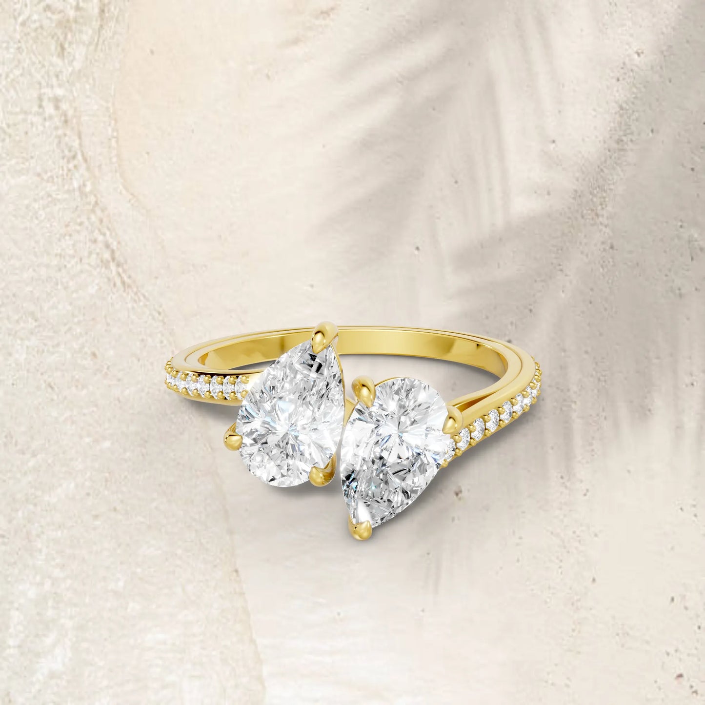 14K Gold Pear Cut Diamond Toi et Moi Kissing Engagement Ring with Side Accents