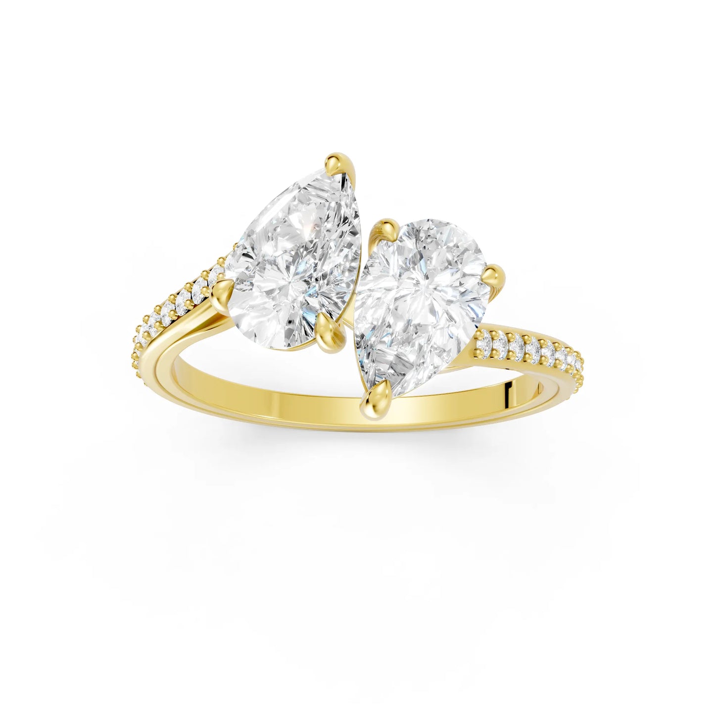 14K Gold Pear Cut Diamond Toi et Moi Kissing Engagement Ring with Side Accents