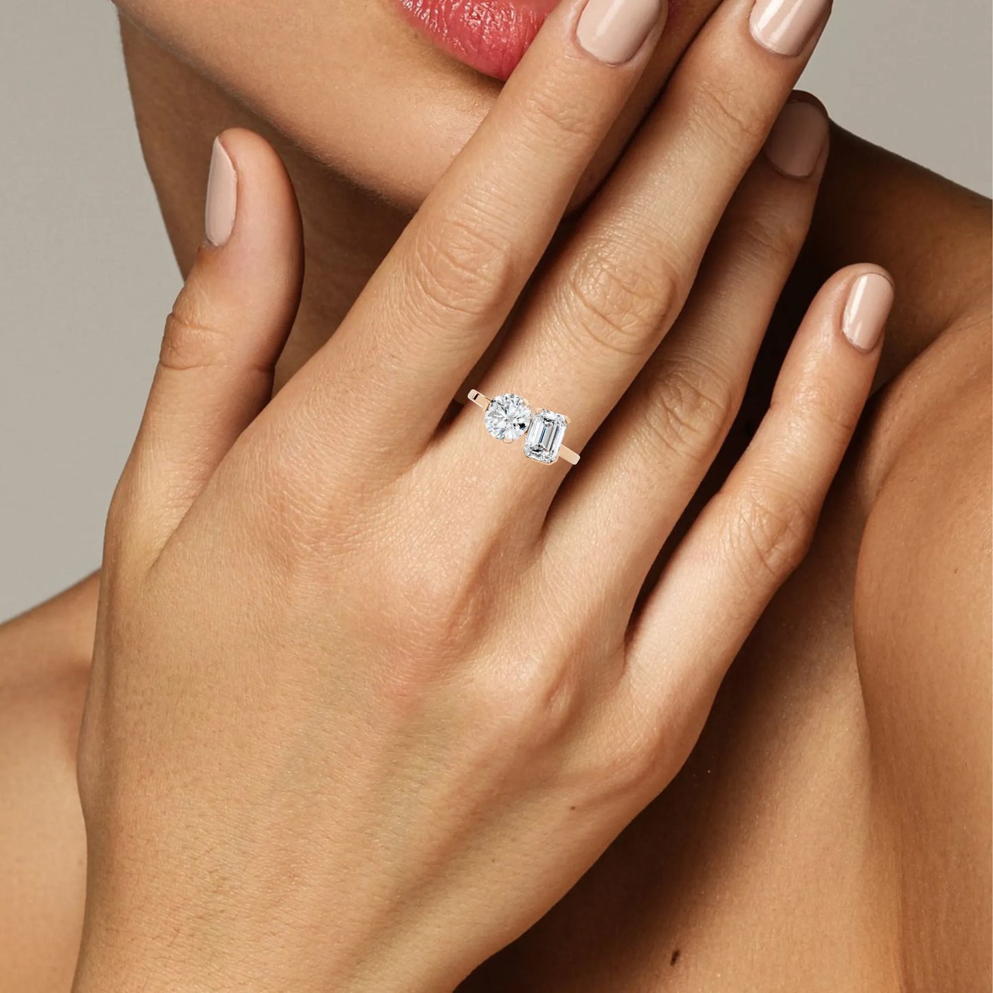 14K Gold Round and Emerald Cut Diamond Toi et Moi Engagement Ring