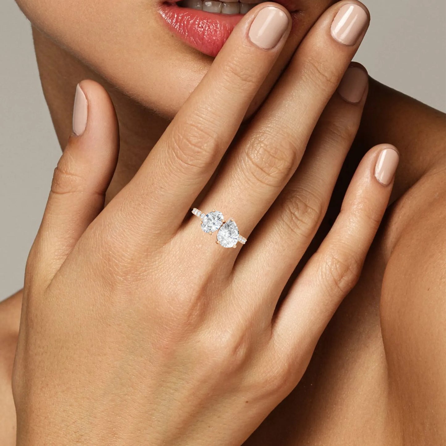 14K Gold Oval and Pear Cut Diamond Toi et Moi Engagement Ring with Side Accents