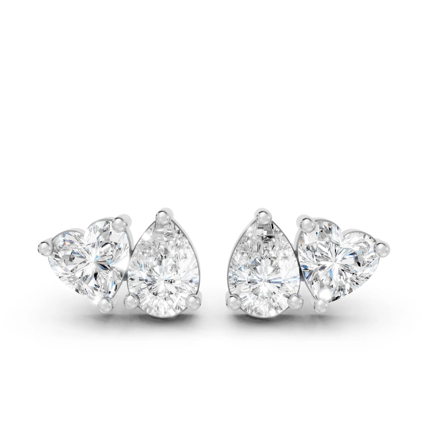 14K Gold Heart and Pear Cut Diamond Toi et Moi Stud Earring