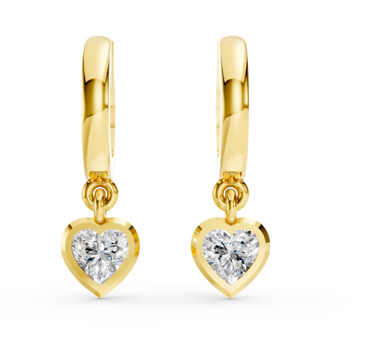 14K 0.20 cts each YellowGold Heart Cut Diamond Knife-Edge Bezel Drop Huggie Hoop Earring