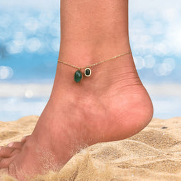 Gemstone charm anklet with green and black stone drops | Dainty gold chain anklet | Boho beach ankle bracelet for women