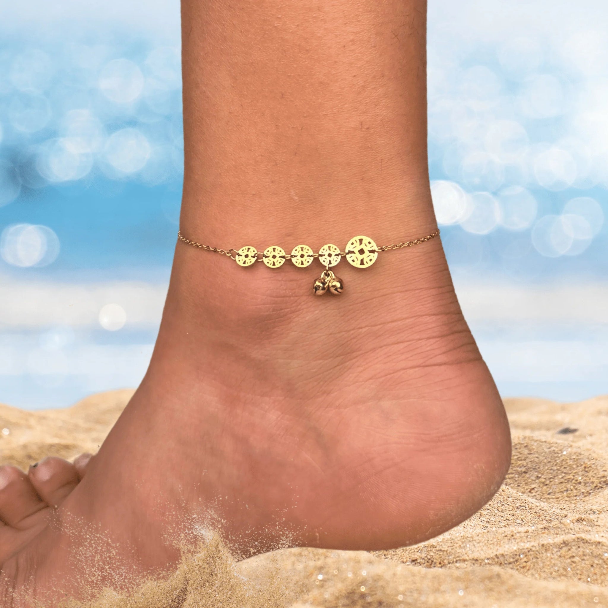 Five Copper Coin Charm Anklet with Mini Bell Accent | Ethnic Boho Foot Jewelry | Adjustable Layered Chain Anklet | Beach Gift for Her