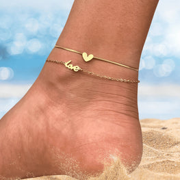 Double Layer Heart and Love Anklet with Gold Chain | Minimalist Romantic Foot Jewelry | Beach Style Summer Meaningful Gift for Her