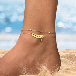 Five coin charm anklet with dainty gold chain | Boho foot jewelry | Beachy ankle bracelet | Summer fashion accessory | Gift for her