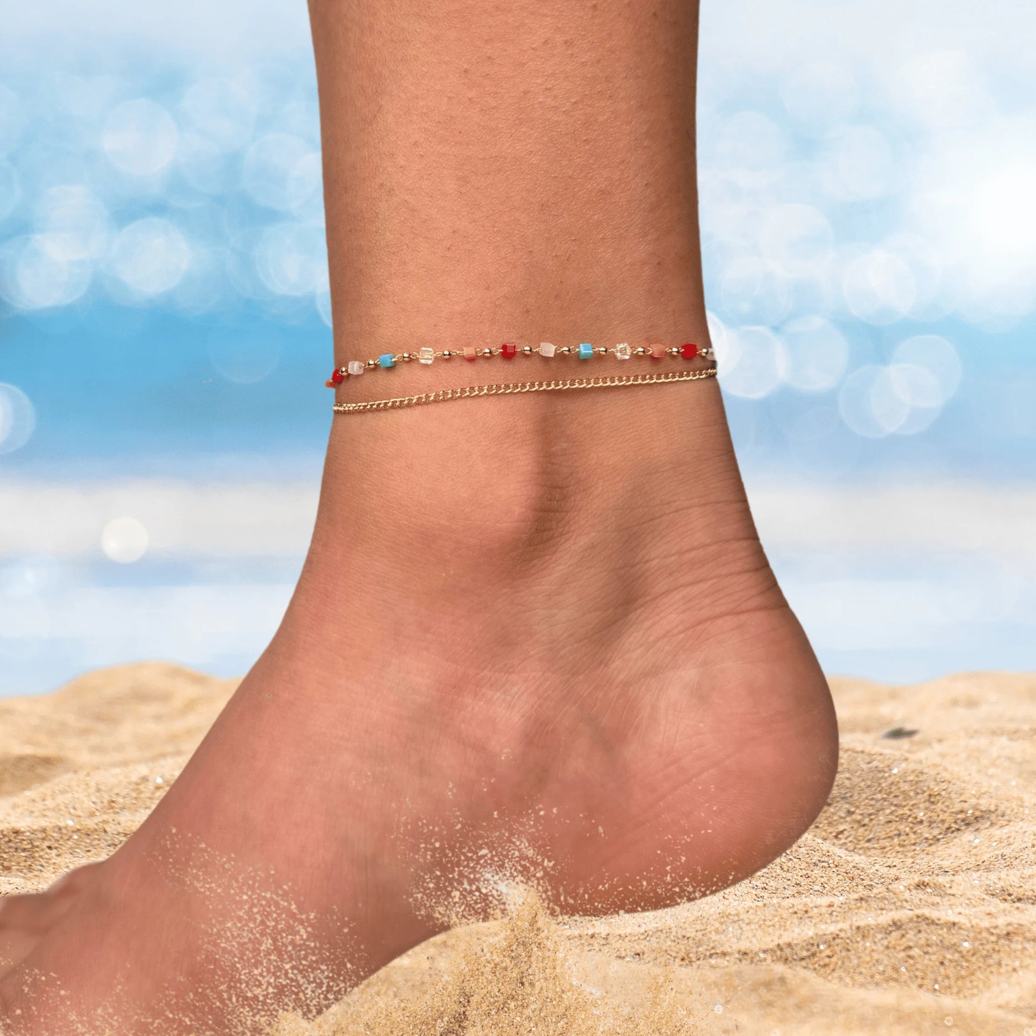 Colorful Beaded Layered Anklet with Gold Chain, Adjustable Multicolor Summer Beach Jewelry, Trendy Accessory for Casual Outfits