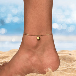 Gold lucky charm anklet with beaded chain | minimalist beach anklet with round lucky pendant | Boho summer jewelry gift for her