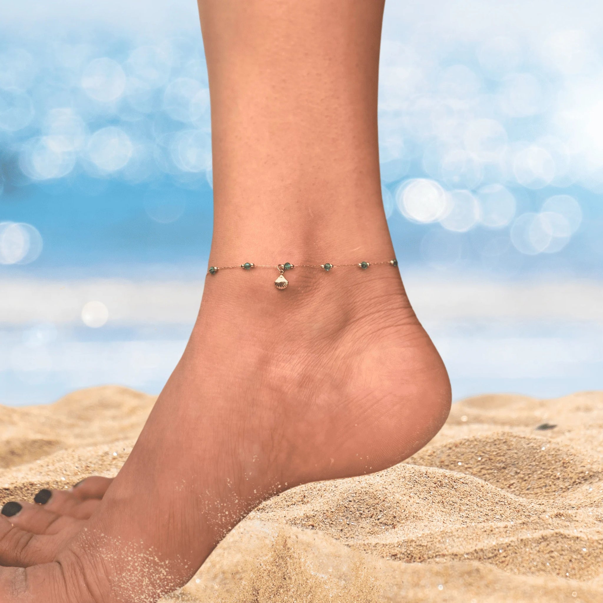 Boho chic green round stone anklet with colorful bead accents | layered gold minimalist anklet | beach style daily wear charm