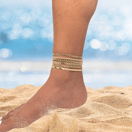 Gold Layered Anklet for Women | 18K Plated Beach Ankle Bracelet | Adjustable, Waterproof, Boho Summer Jewelry | Dainty Leaf Chain Gift