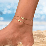 Double Layer Heart and Love Anklet with Gold Chain | Minimalist Romantic Foot Jewelry | Beach Style Summer Meaningful Gift for Her