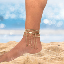 Gold Layered Chain Ankle Bracelet | Dainty Beach Jewelry Gift | Boho Chic Stackable Foot Accessory | Adjustable & Water Resistant Anklet