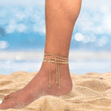 Gold Anklet Set for Women | 18K Plated Triple Chain Ankle Bracelet | Boho Adjustable Summer Jewelry | Waterproof Dainty Beach Gift