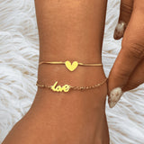 Double Layer Heart and Love Anklet with Gold Chain | Minimalist Romantic Foot Jewelry | Beach Style Summer Meaningful Gift for Her