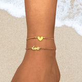 Double Layer Heart and Love Anklet with Gold Chain | Minimalist Romantic Foot Jewelry | Beach Style Summer Meaningful Gift for Her