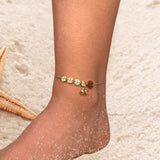 Five Copper Coin Charm Anklet with Mini Bell Accent | Ethnic Boho Foot Jewelry | Adjustable Layered Chain Anklet | Beach Gift for Her