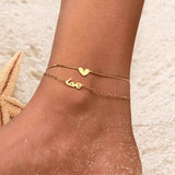 Double Layer Heart and Love Anklet with Gold Chain | Minimalist Romantic Foot Jewelry | Beach Style Summer Meaningful Gift for Her
