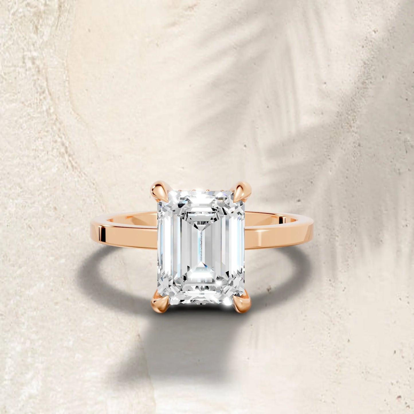 14K Gold Emerald Cut Diamond Hidden Halo Engagement Ring
