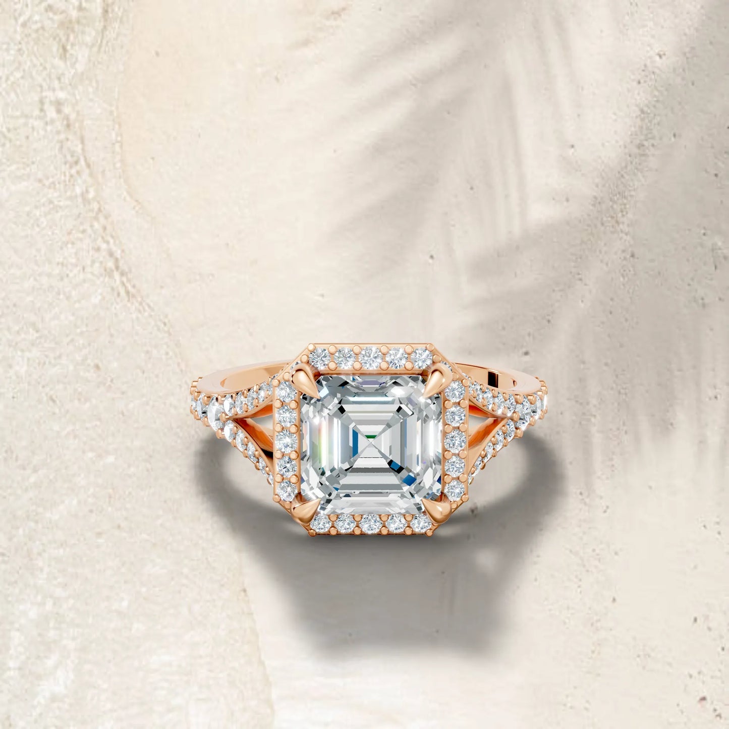 14K Gold Asscher Cut Diamond Split Shank Halo Engagement Ring