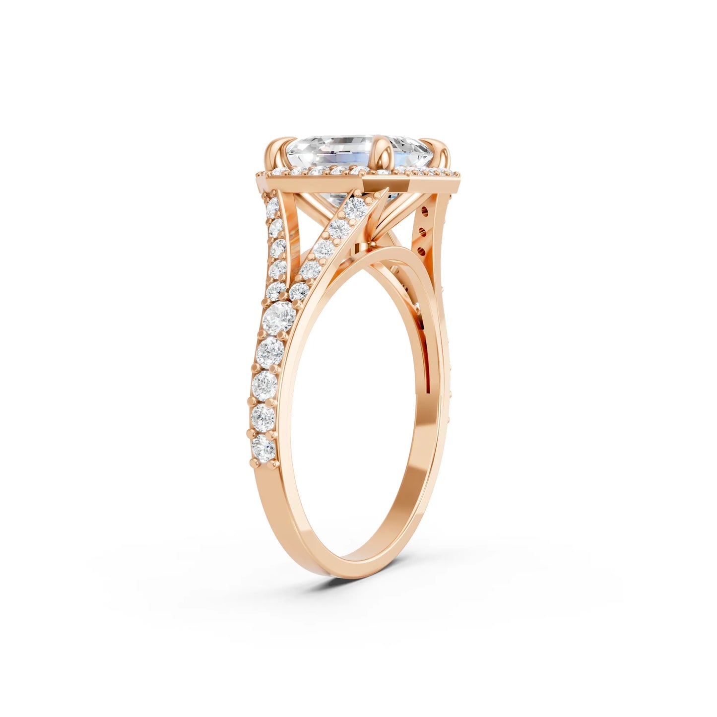 14K Gold Asscher Cut Diamond Split Shank Halo Engagement Ring