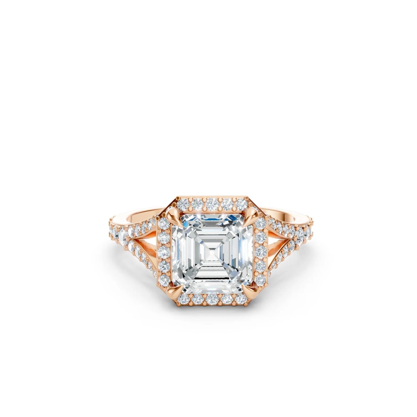 14K Gold Asscher Cut Diamond Split Shank Halo Engagement Ring