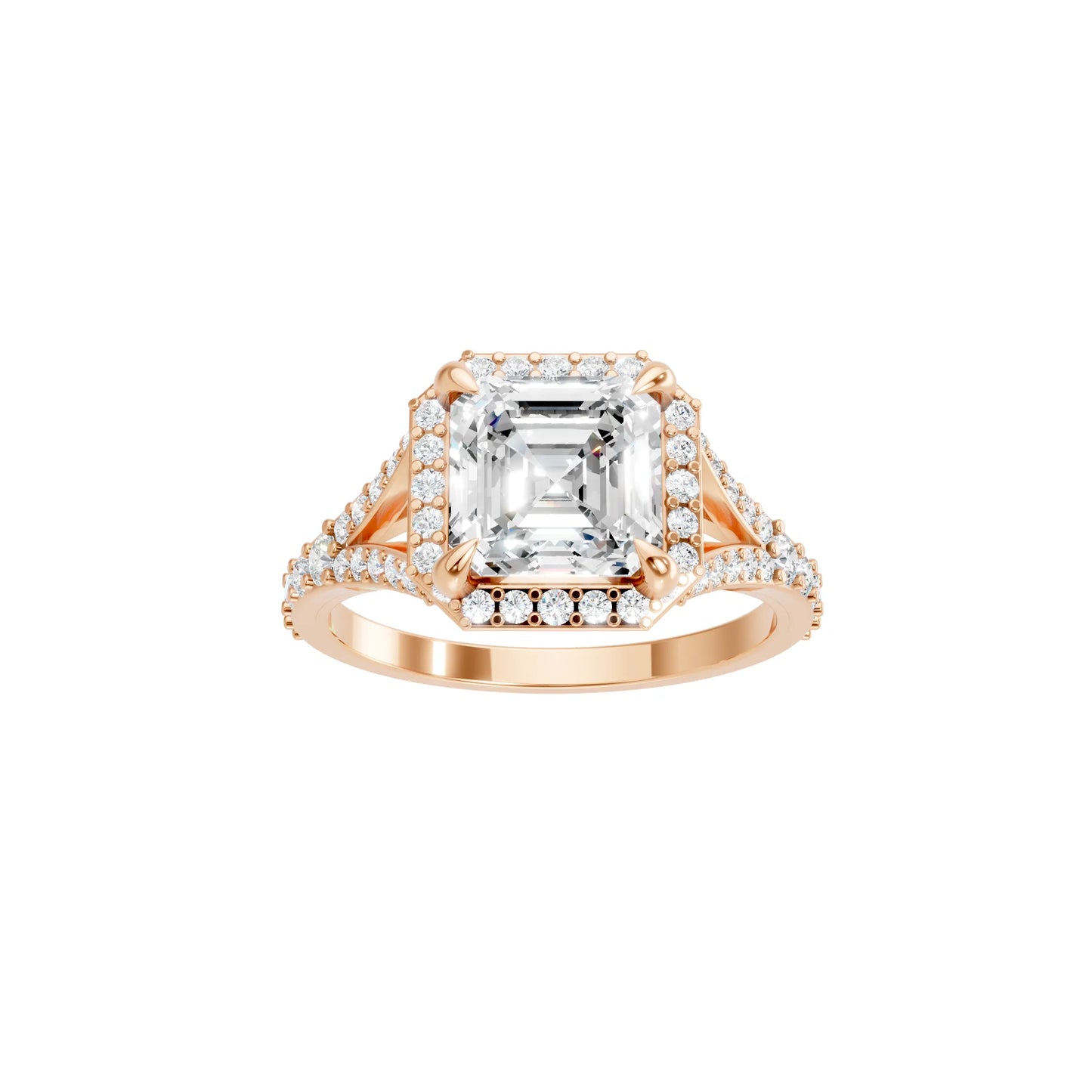 14K Gold Asscher Cut Diamond Split Shank Halo Engagement Ring