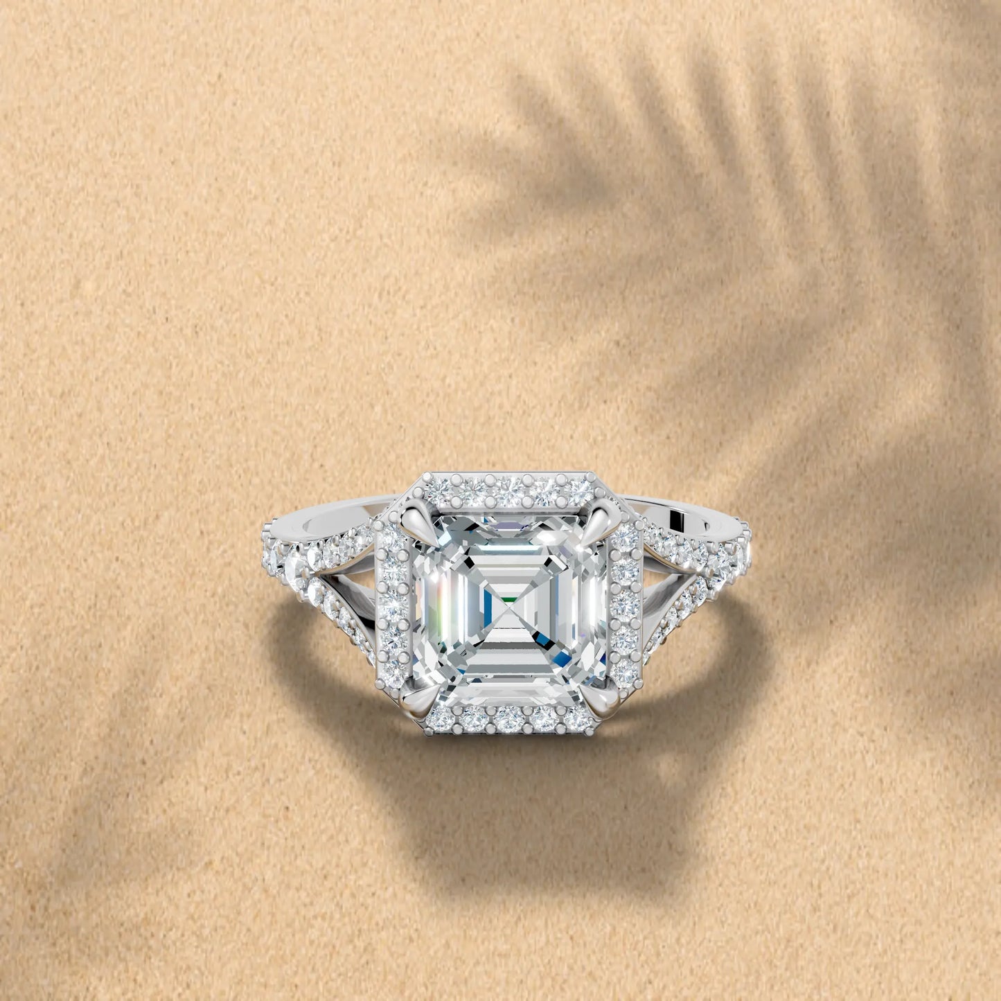 14K Gold Asscher Cut Diamond Split Shank Halo Engagement Ring