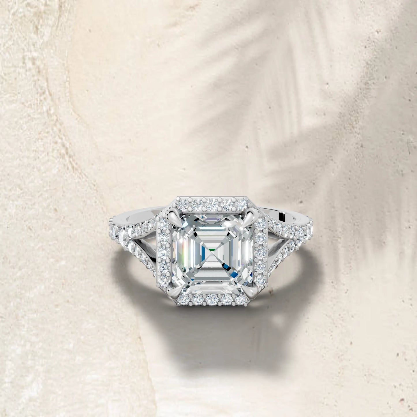 14K Gold Asscher Cut Diamond Split Shank Halo Engagement Ring