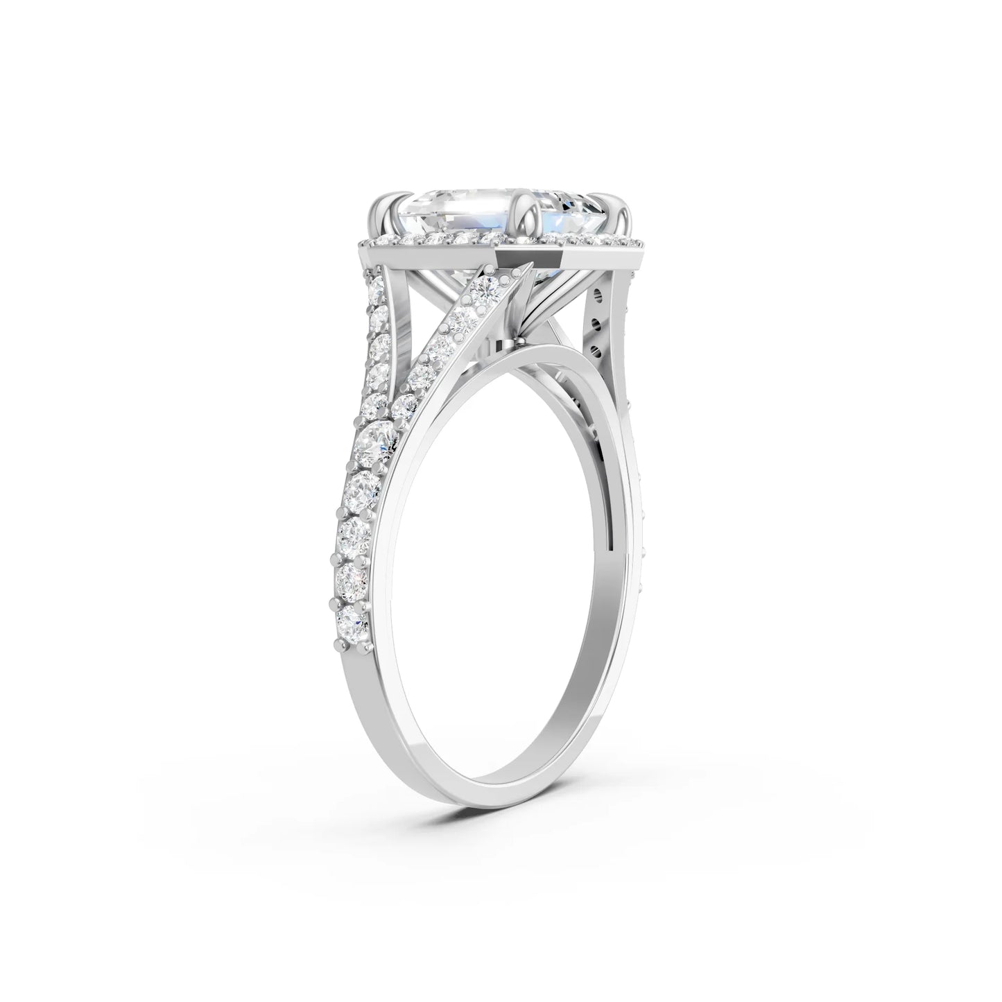 14K Gold Asscher Cut Diamond Split Shank Halo Engagement Ring
