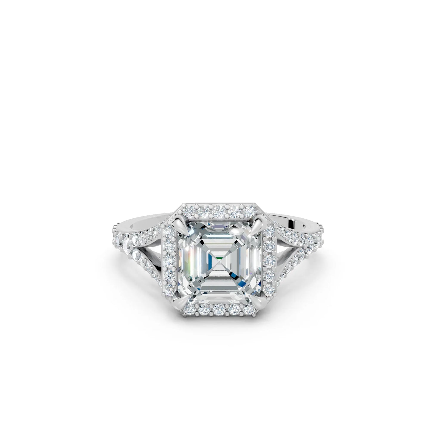 14K Gold Asscher Cut Diamond Split Shank Halo Engagement Ring