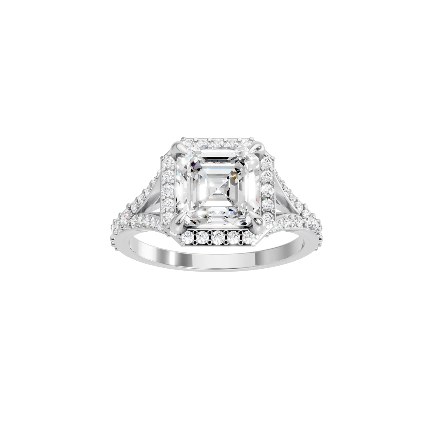 14K Gold Asscher Cut Diamond Split Shank Halo Engagement Ring