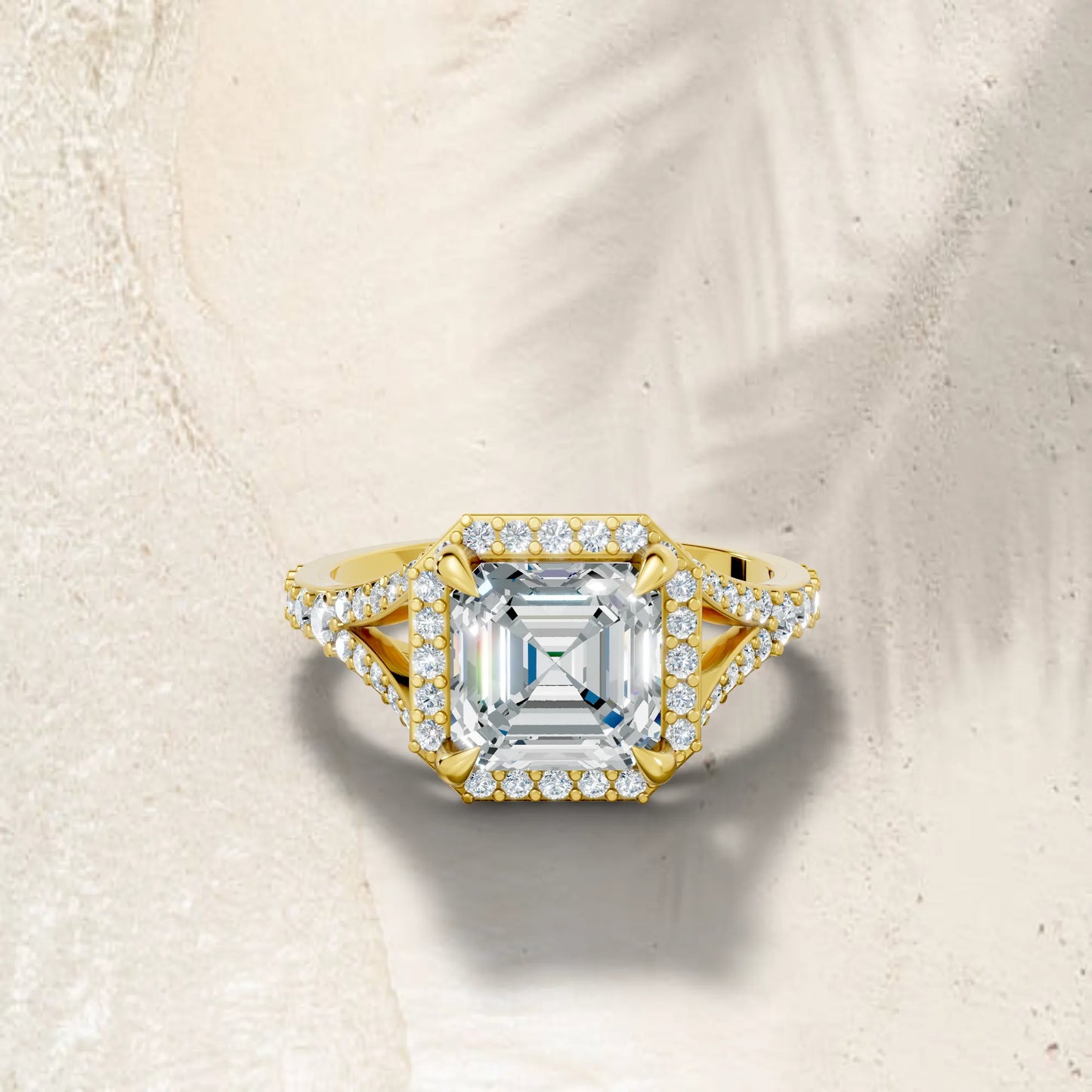14K Gold Asscher Cut Diamond Split Shank Halo Engagement Ring