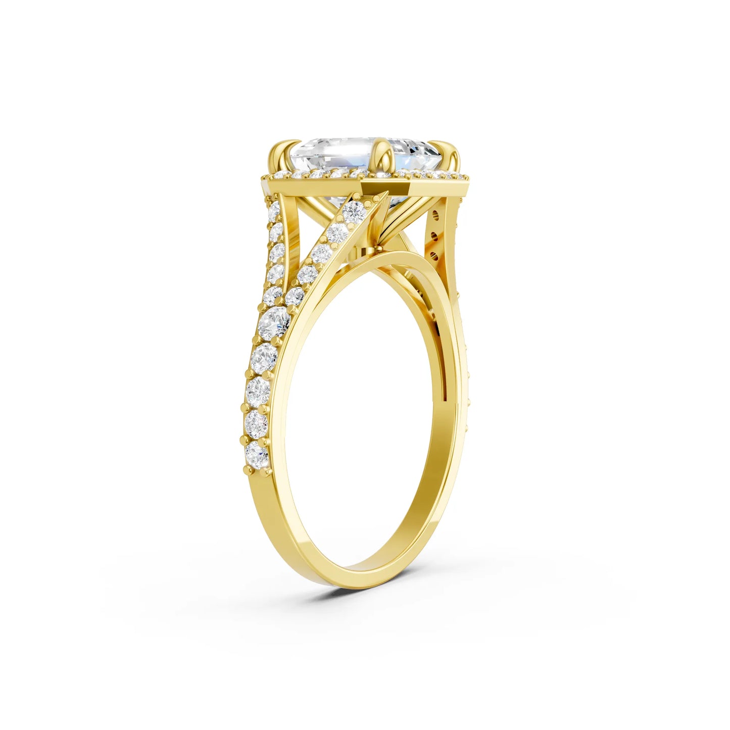 14K Gold Asscher Cut Diamond Split Shank Halo Engagement Ring