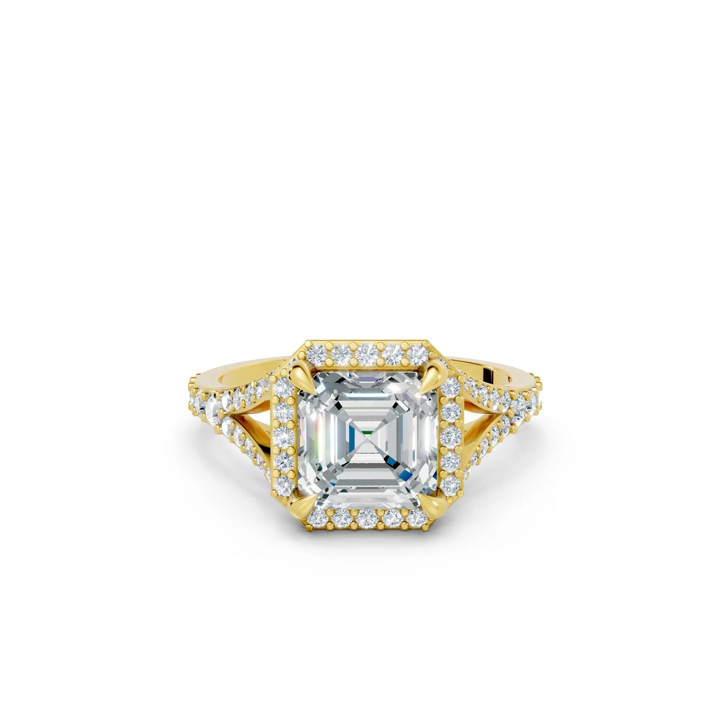 14K Gold Asscher Cut Diamond Split Shank Halo Engagement Ring