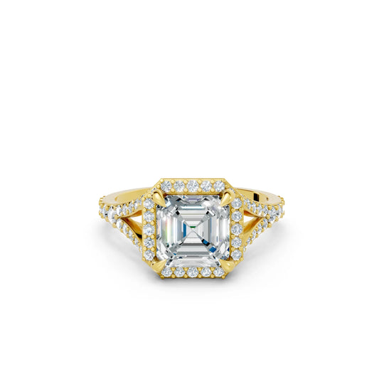 14K Gold Asscher Cut Diamond Split Shank Halo Engagement Ring