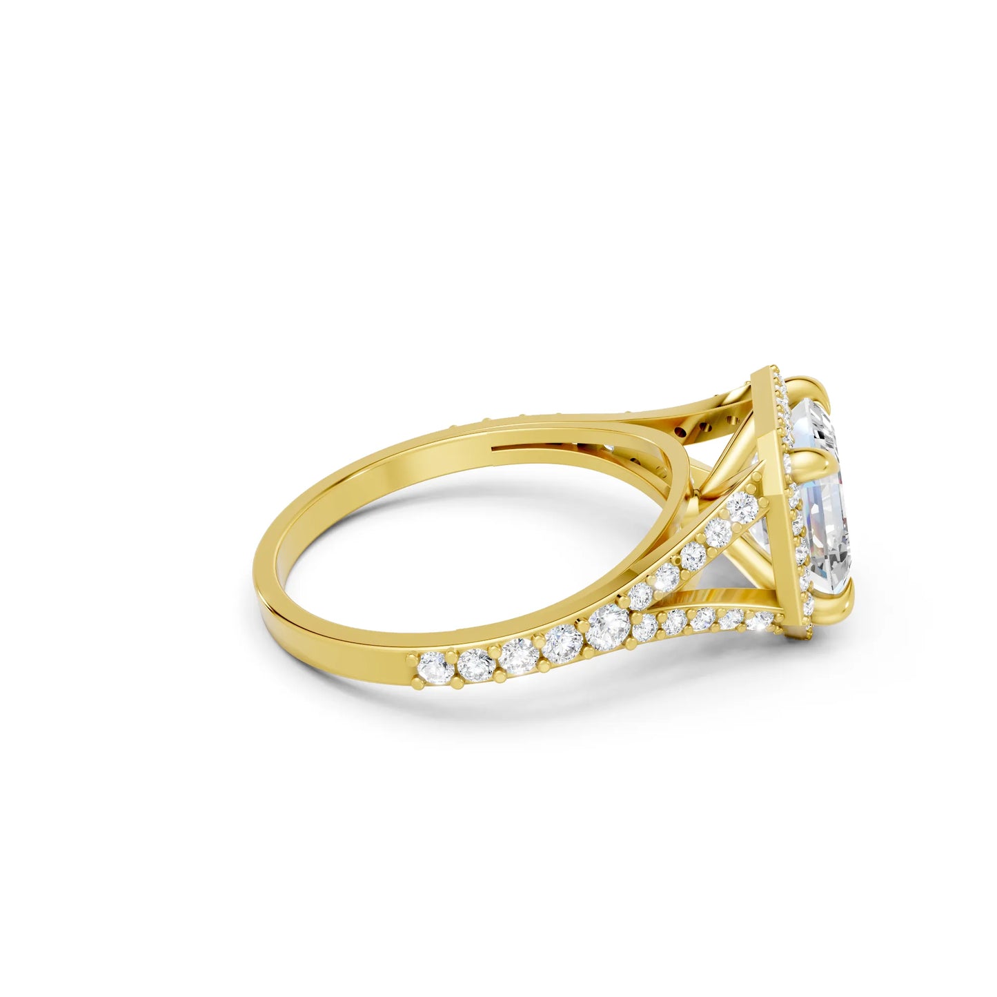 14K Gold Asscher Cut Diamond Split Shank Halo Engagement Ring